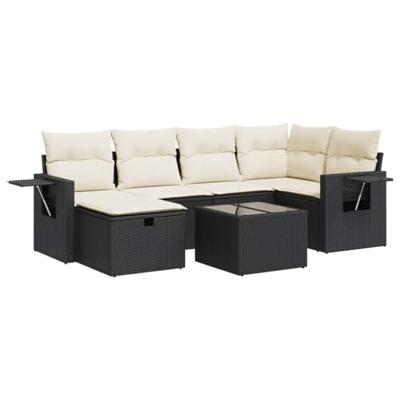 7-delige Loungeset met kussens poly rattan zwart