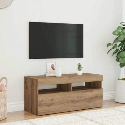 Tv-meubel met LED 90x35x40 cm bewerkt hout artisanaal eiken