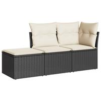 3-delige Loungeset met kussens poly rattan zwart - thumbnail