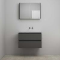 On-Line Badkamermeubelset - 80 cm - Voorgemonteerd - Acryl Wastafel - zonder Kraangat - Spiegelkast - Mat Antraciet - thumbnail