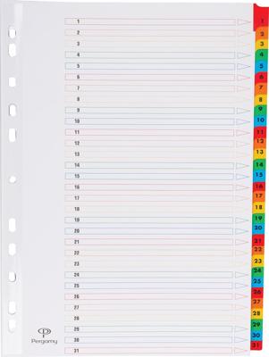 Pergamy tabbladen met indexblad, ft A4, 11-gaatsperforatie, geassorteerde kleuren, set 1-31