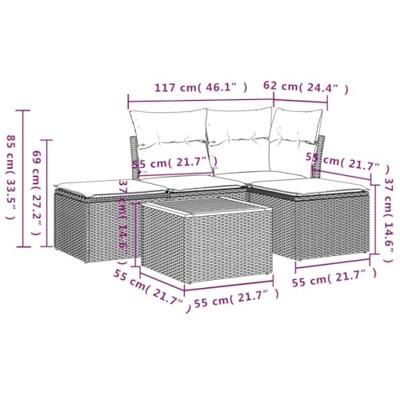 5-delige Loungeset met kussens poly rattan grijs