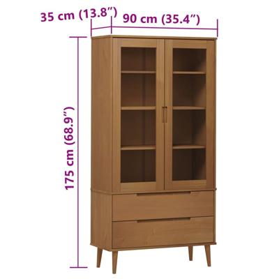 Vitrinekast MOLDE 90x35x175 cm massief grenenhout bruin
