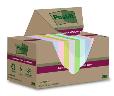Post-it Super Sticky Notes Recycled, 70 vel, ft 47,6 x 47,6 mm, assorti, pak van 12 blokken Post-it Super Sticky Notes Recycled, 70 vel, ft 47,6 x 47,6 mm, assorti, pak van 12 blokken