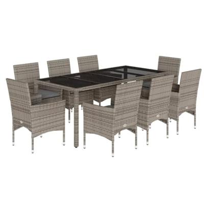 9-delige Tuinset met kussens poly rattan en glas grijs - thumbnail