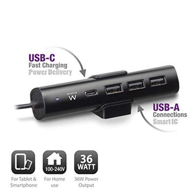 USB lader 4 poorten 36W 1x USB C, 3x USB A met smart IC, zwart, 1.90M kabel Ewent USB lader 4 poorten 36W 1x USB C, 3x USB A met smart IC, zwart, 1.90M kabel Ewent