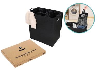 Niceey wasmand 3 vakken met uitneembare zakken 120L - zwart