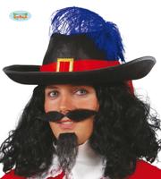 Musketiers hoed zwart met rode band - thumbnail