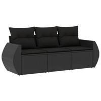 3-delige Loungeset met kussens poly rattan zwart - thumbnail