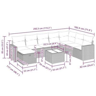 9-delige Loungeset met kussens poly rattan lichtgrijs
