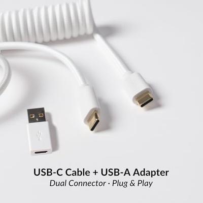 Keychron Aangepaste opgerolde Aviatorkabel, wit, 5-pins (GX12) afneembare metalen connector, USB-C naar USB-C met USB-A-adapter, duurzame gevlochten kabel voor mechanische toetsenborden, opladen en