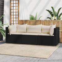 3-delige Loungeset met kussens poly rattan zwart - thumbnail