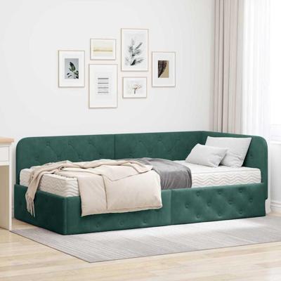 Hoekbedframe met matras Donkergroen 90 x 190 cm Fluweel
