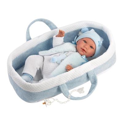 Babypop Mimo met lichtblauwe reiswieg - 42 cm