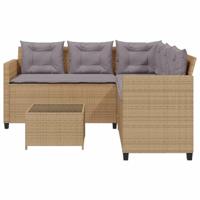 Tuinbank met tafel en kussens L-vormig poly rattan beige - thumbnail