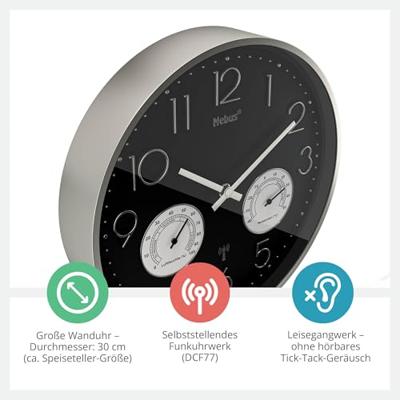 Mebus 12988 Wandklok Zendergestuurd 30 cm x 30 cm x 30 cm x 4.5 cm Zilver