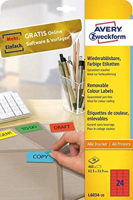 Avery afneembare gekleurde etiketten ft 63,5 x 33,9 mm (b x h), 480 stuks, 24 per blad, rood Avery afneembare gekleurde etiketten ft 63,5 x 33,9 mm (b x h), 480 stuks, 24 per blad, rood