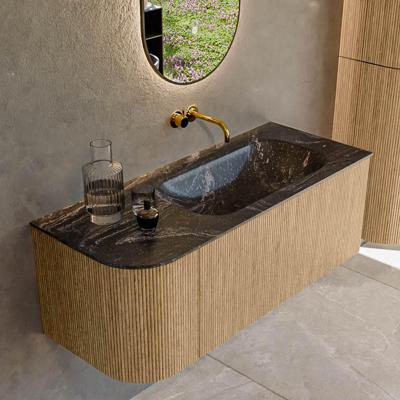 Mondiaz KURVE-DLUX 115 cm Onderkast Greeploos 1 Lade Met Deuren Oak, Wastafel Solid Surface Rechts Lava 0 Kraangaten Zonder Spiegel (KRVBGS115L1L1D0KR-Oak/Lav)