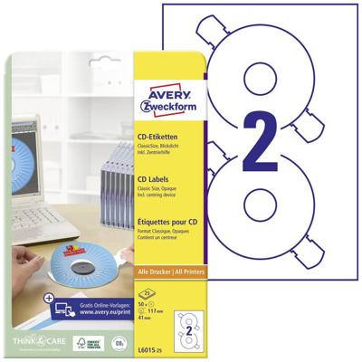 Avery-Zweckform L6015-25 CD-etiketten Ø 117 mm Papier Wit 50 stuk(s) Permanent hechtend Inkjet, Laser (zwart/wit), Laser (kleur), Kopiëren (zwart/wit), Avery-Zweckform L6015-25 CD-etiketten Ø 117 mm Papier Wit 50 stuk(s) Permanent hechtend Inkjet, Laser (zwart/wit), Laser (kleur), Kopiëren (zwart/wit),