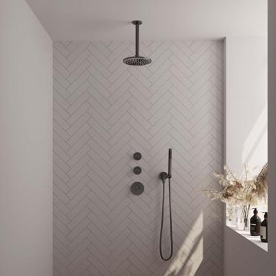 Brauer Gunmetal Carving Thermostatische Regendoucheset Inbouw - Hoofddouche 20 cm - Handdouche Staaf - Doucheslang - Wandaansluitbocht - Gunmetal