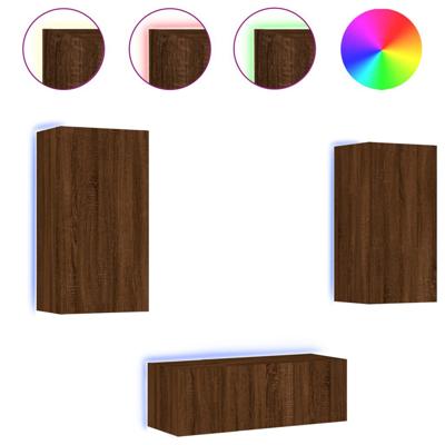 4-delige Tv-wandmeubelset met LED bewerkt hout bruineikenkleur - thumbnail