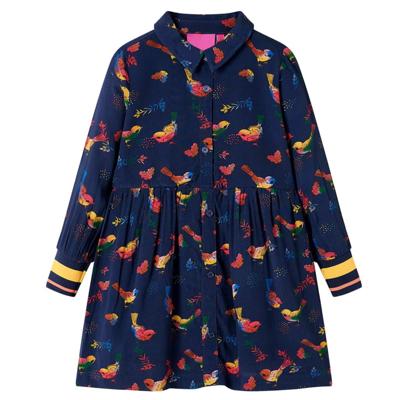 Kinderjurk met lange mouwen vogelprint 128 marineblauw