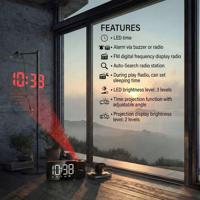 Digitale LED-wekkerradio met GreenBlue-projector, FM-radio, alarm, 12/24-uursklok, voeding USB 5V DC + CR2032, GB172 - thumbnail