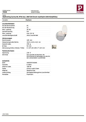 Paulmann Carina 70838 Wandlamp voor badkamer 28 W Chroom (mat), Satijn Paulmann Carina 70838 Wandlamp voor badkamer 28 W Chroom (mat), Satijn