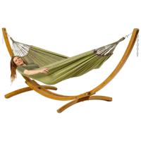 Eenpersoons hangmat met houten standaard - 300x140cm - Groen - 120kg draagkracht- 100% katoen - binnen & buiten - thumbnail