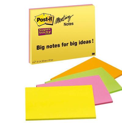 Post-it Super Sticky Meeting notes, 45 vel, ft 152 x 203 mm, geassorteerde kleuren, pak van 4 blokken