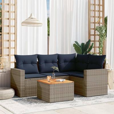 5-delige Loungeset met kussens poly rattan grijs