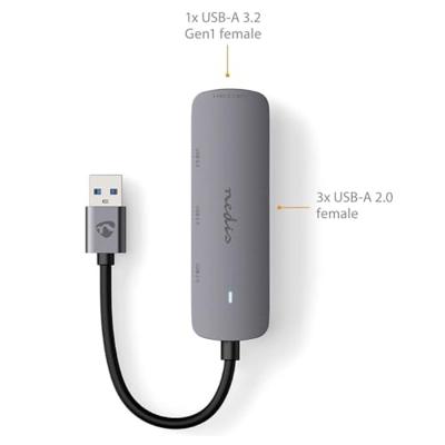 Nedis CCGB61210GY01 Usb-hub Usb-a Male 4x Usb A Female 4-poorts Poort(en) Usb 2.0 / Usb 3.2 Gen 1 Usb Gevoed