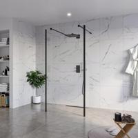 Fortifura Galeria Vrijstaande Inloopdouche - 100x200cm - Helder - antikalk - 8mm veiligheidsglas - 2 zijwanden 30cm - wandsteunen en hoekprofielen - Zwart mat SW927767 2x/SW797915/SW797909 2x/SW358025 2x - thumbnail