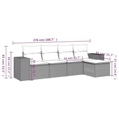 5-delige Loungeset met kussens poly rattan zwart - thumbnail