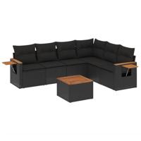 7-delige Loungeset met kussens poly rattan zwart - thumbnail