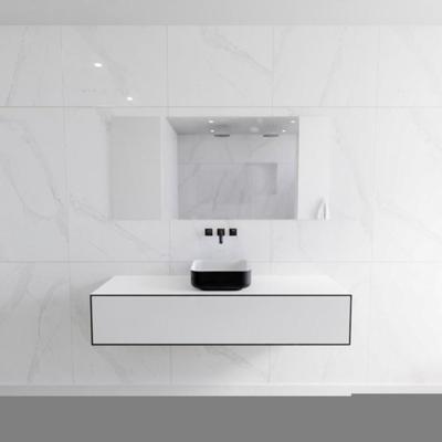 Badkamermeubelset Mondiaz LAGOM 150 cm Topblad met Gecentreerde Wastafel Solid Surface Opzetkom Binx Zonder Kraangaten Mat Zwart (1 lade)