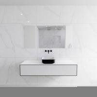 Badkamermeubelset Mondiaz LAGOM 150 cm Topblad met Gecentreerde Wastafel Solid Surface Opzetkom Binx Zonder Kraangaten Mat Zwart (1 lade) - thumbnail