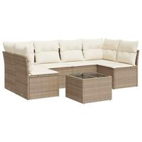7-delige Loungeset met kussens poly rattan beige - thumbnail
