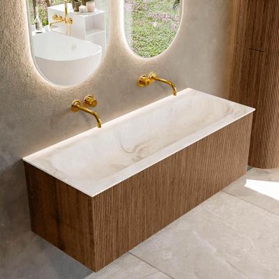 Mondiaz KURVE-DLUX 120 cm Onderkast Greeploos 1 Lade Zonder Deuren Walnut, Wastafel Solid Surface Volledig Frappe 0 Kraangaten Zonder Spiegel (KRVBGL1201L0D0KM-Wal/Fra)