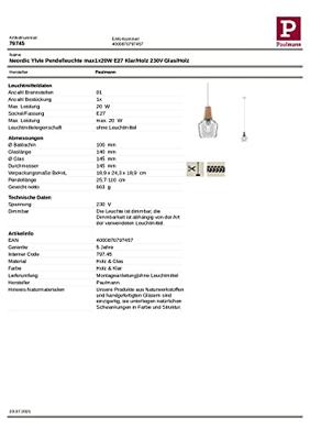 Paulmann Neordic Ylvie 79745 Hanglamp LED E27 20 W Hout, Helder