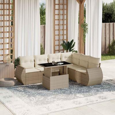 7-delige Loungeset met kussens poly rattan beige