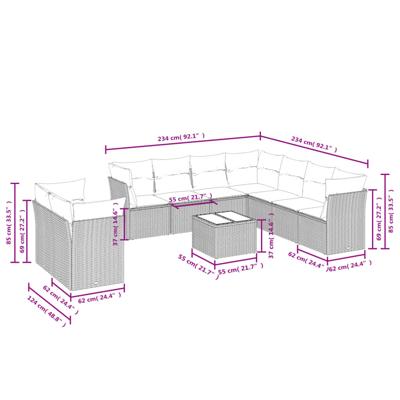 10-delige Loungeset met kussens poly rattan zwart - thumbnail