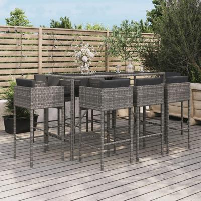 9-delige Tuinbarset met kussens poly rattan grijs