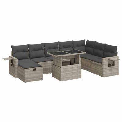 9-delige Loungeset met kussens poly rattan lichtgrijs