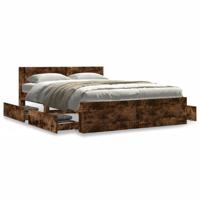 Bedframe met hoofdeinde bewerkt hout gerookt eiken 120x190 cm - thumbnail