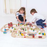 Bigjigs houten treinbaan en autoweg set, 105-delig - thumbnail