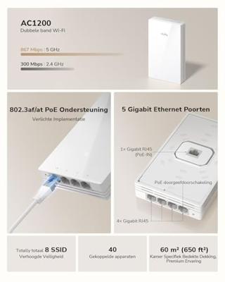 Cudy AP1300 Muur WiFi 5 AC1200 Draadloze Gigabit Toegangspunt, Ondersteuning AC-Controller, MU-MIMO, PoE Aangedreven, Cudy App Control of Webconfiguratie