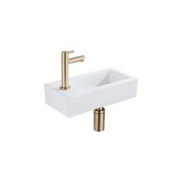 QeramiQ Fuente Fonteinset - 37.5x18.5x9cm - keramiek - kraangat links - fonteinkraan geborsteld messing - afvoerplug - verlaagd sifon - Glans wit SW1122449/SW696208/SW696218/SW696238 - thumbnail