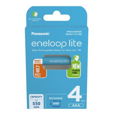 Panasonic BK-4LCCE/4BE eneloop lite Ready-to-Use Ni-MH batterijen, AAA/Micro, min. 550 mAh, levensduur van 3000 laadcycli, oplaadbare batterijen in plasticvrije verpakking,Nieuw: 4er-pakket,lichtblauw