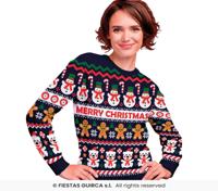 Foute Kerst Sweater Merry Christmas Sneeuwpop Blauw Dames - thumbnail